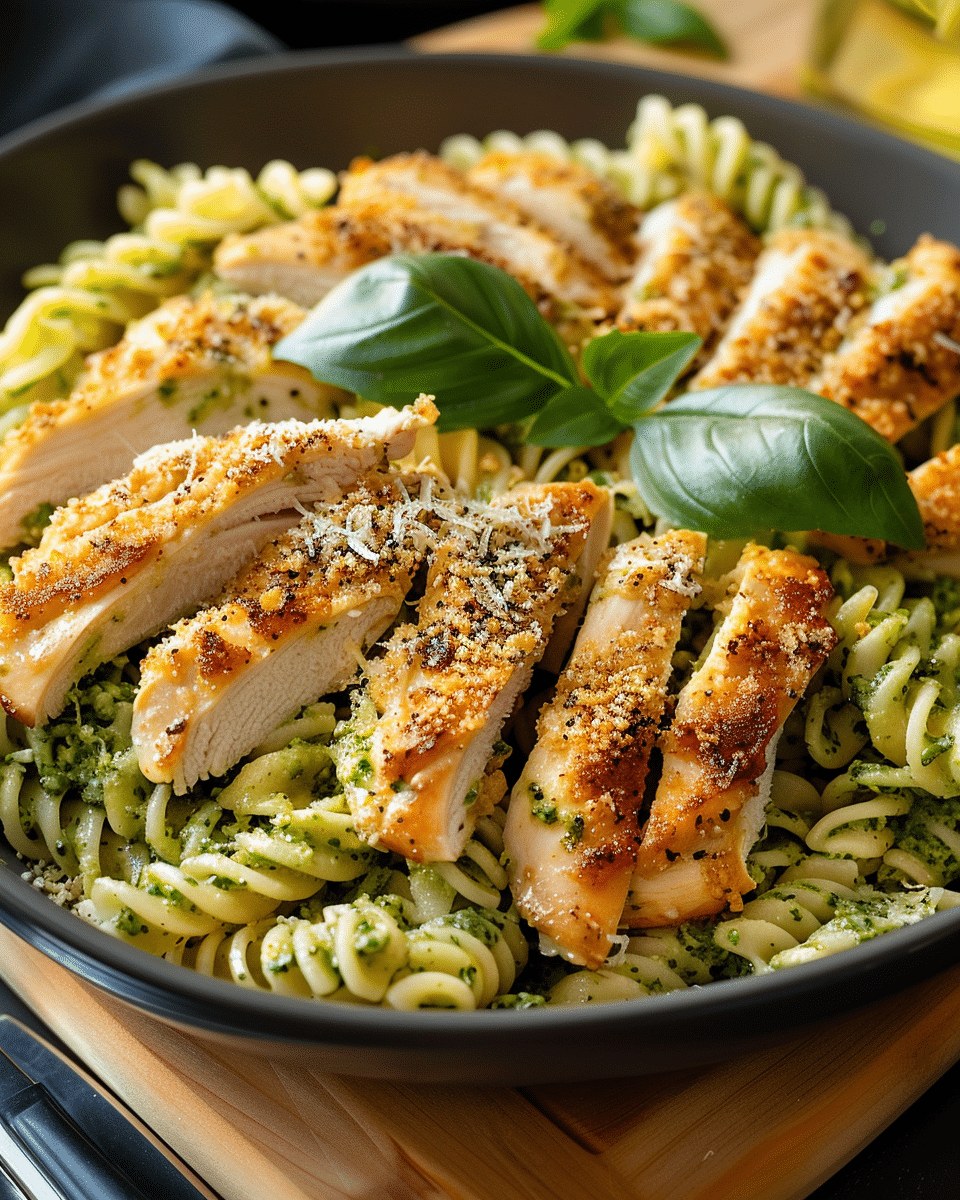 Pesto Pasta with Crispy Parmesan Chicken