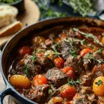 Rustic Tuscan Beef Casserole with Tomatoes, Red Wine, and Herbs