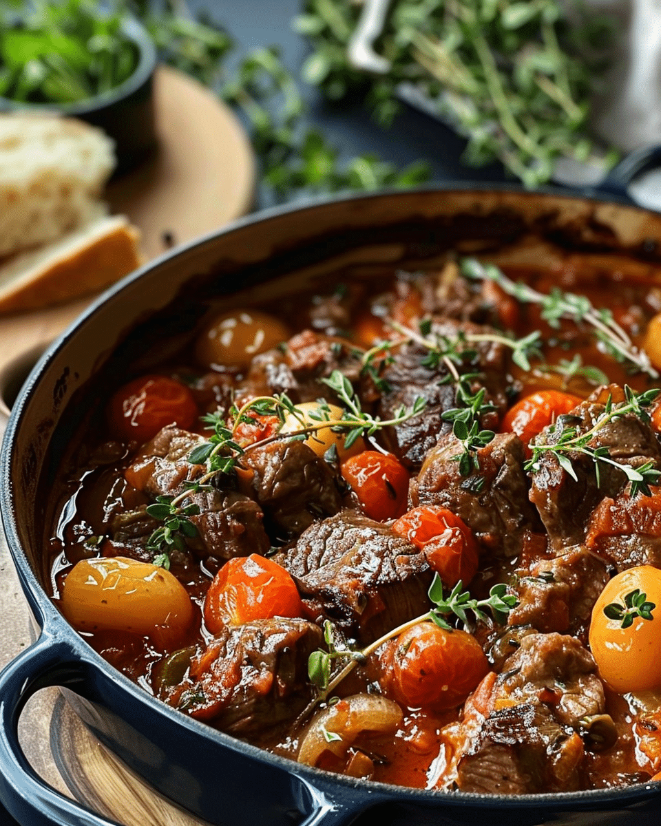 Rustic Tuscan Beef Casserole with Tomatoes, Red Wine, and Herbs