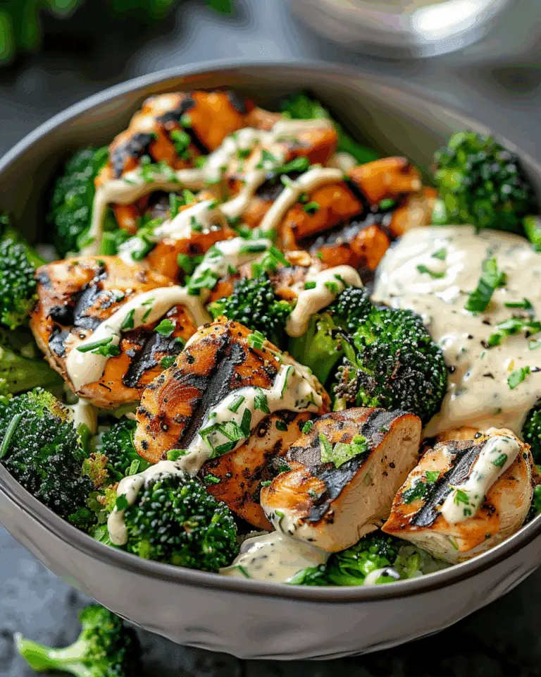 Grilled Chicken & Broccoli Bowls with Creamy Garlic Sauce – Healthy & Flavorful Dinner