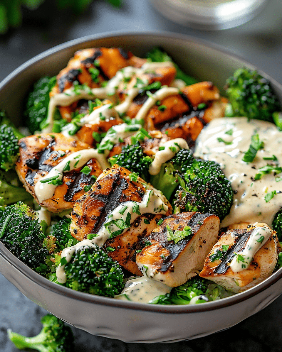 Grilled Chicken & Broccoli Bowls with Creamy Garlic Sauce – Healthy & Flavorful Dinner