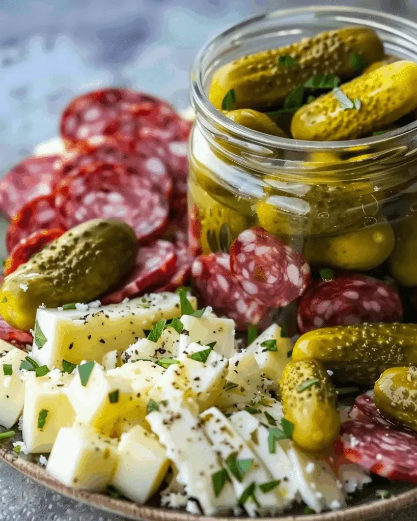 Marinated Cheese Appetizer with Salami & Pickles