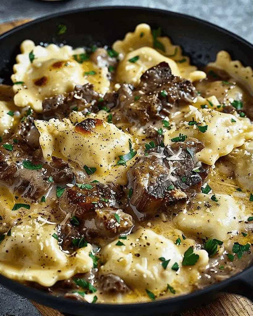 One-Skillet Garlic Butter Steak & Cheese Ravioli