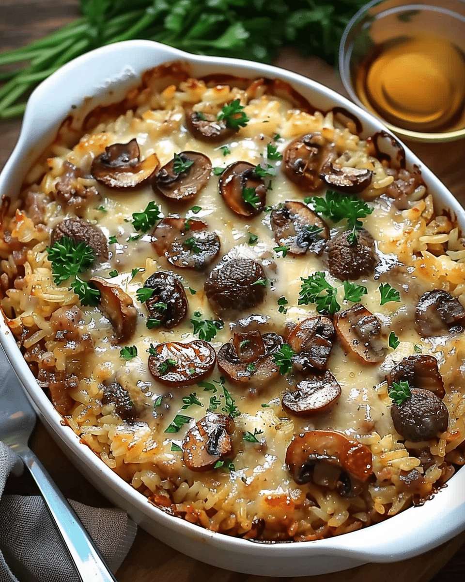 Creamy Beef & Mushroom Rice Bake