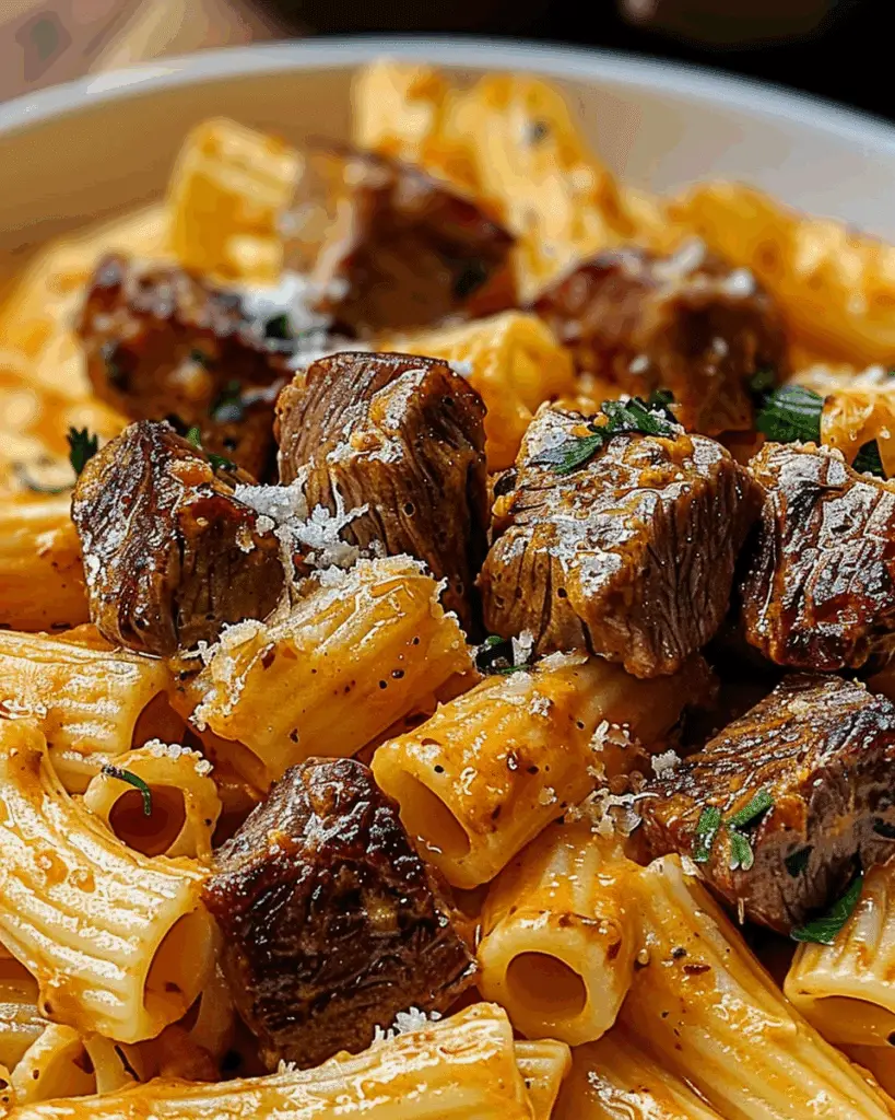 Cajun Steak Tips in Cheesy Rigatoni Parmesan Sauce