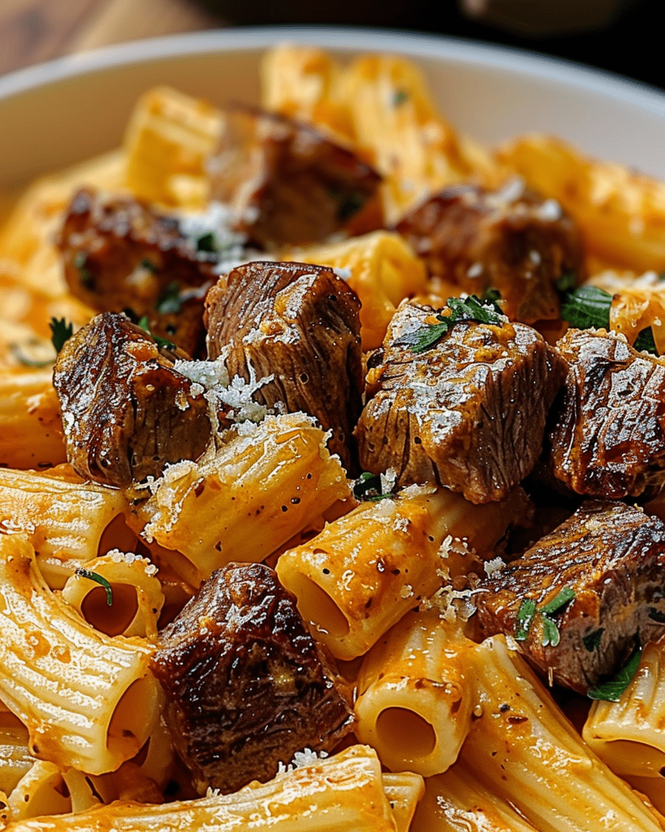 Cajun Steak Tips in Cheesy Rigatoni Parmesan Sauce