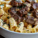 Cajun Steak Tips in Cheesy Rigatoni Parmesan Sauce