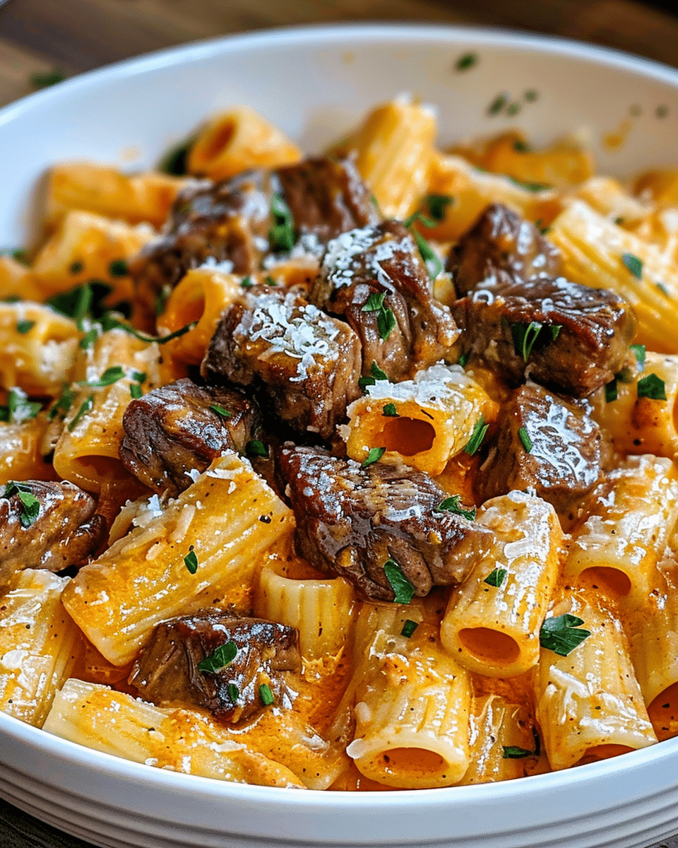Cajun Steak Tip Rigatoni with Creamy Parmesan-Mozzarella Sauce