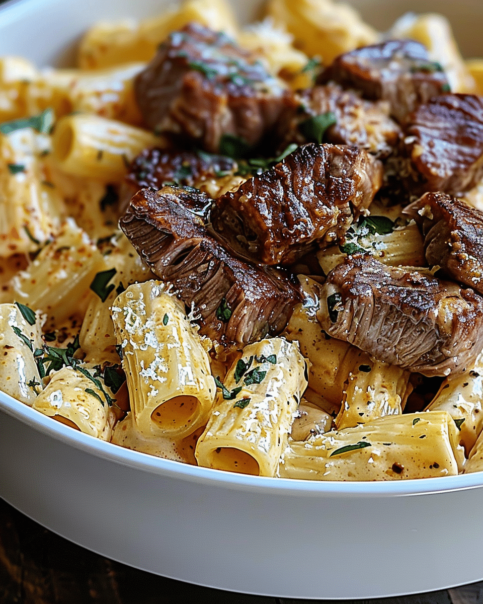 Cajun Steak Tips in Cheesy Rigatoni Parmesan Sauce