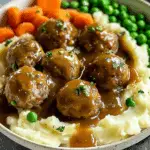 Meatballs with Mashed Potatoes, Gravy, Carrots, and Peas