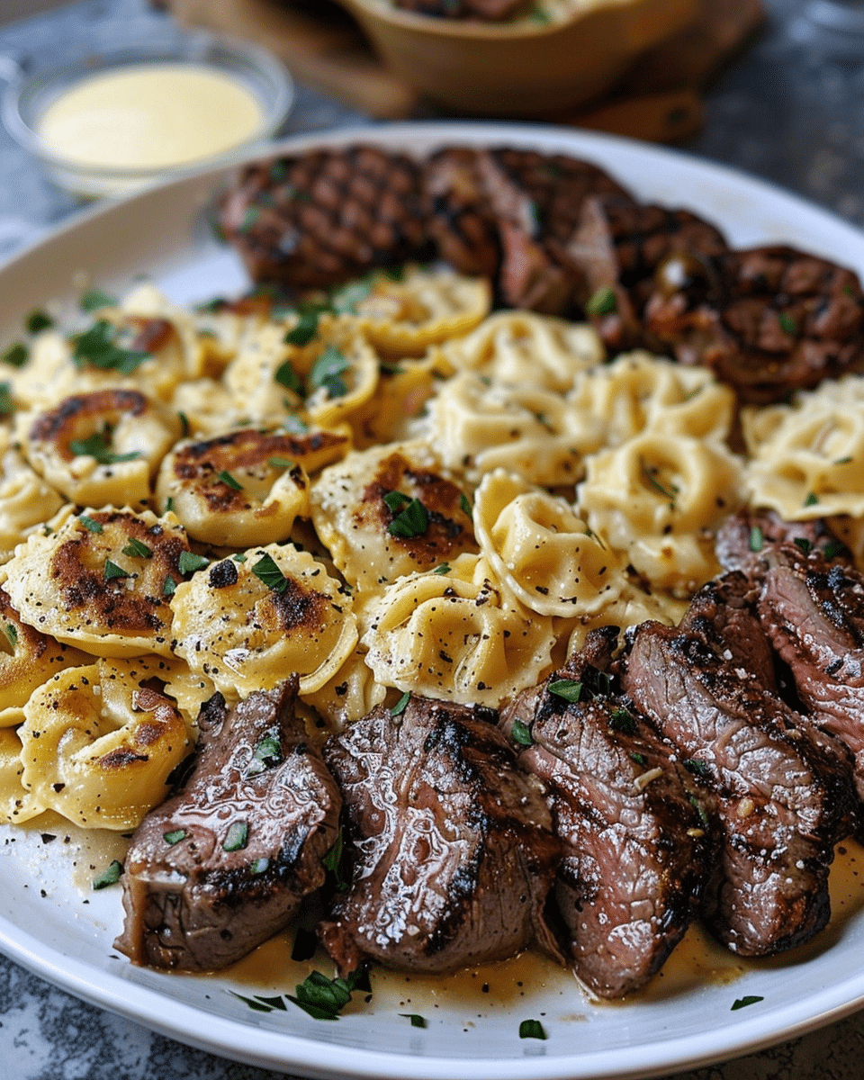 Garlic Butter Steak Bites with Alfredo Tortellini