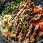 Korean BBQ Steak Rice Bowls with Spicy Cream Sauce