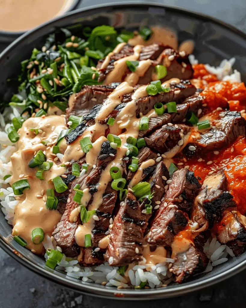 Korean BBQ Steak Rice Bowls with Spicy Cream Sauce