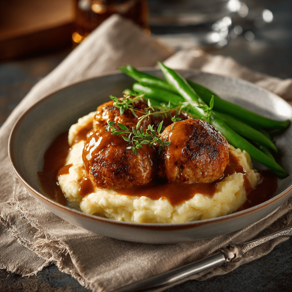 Salisbury-Style Meatballs with Mashed Potatoes and Gravy