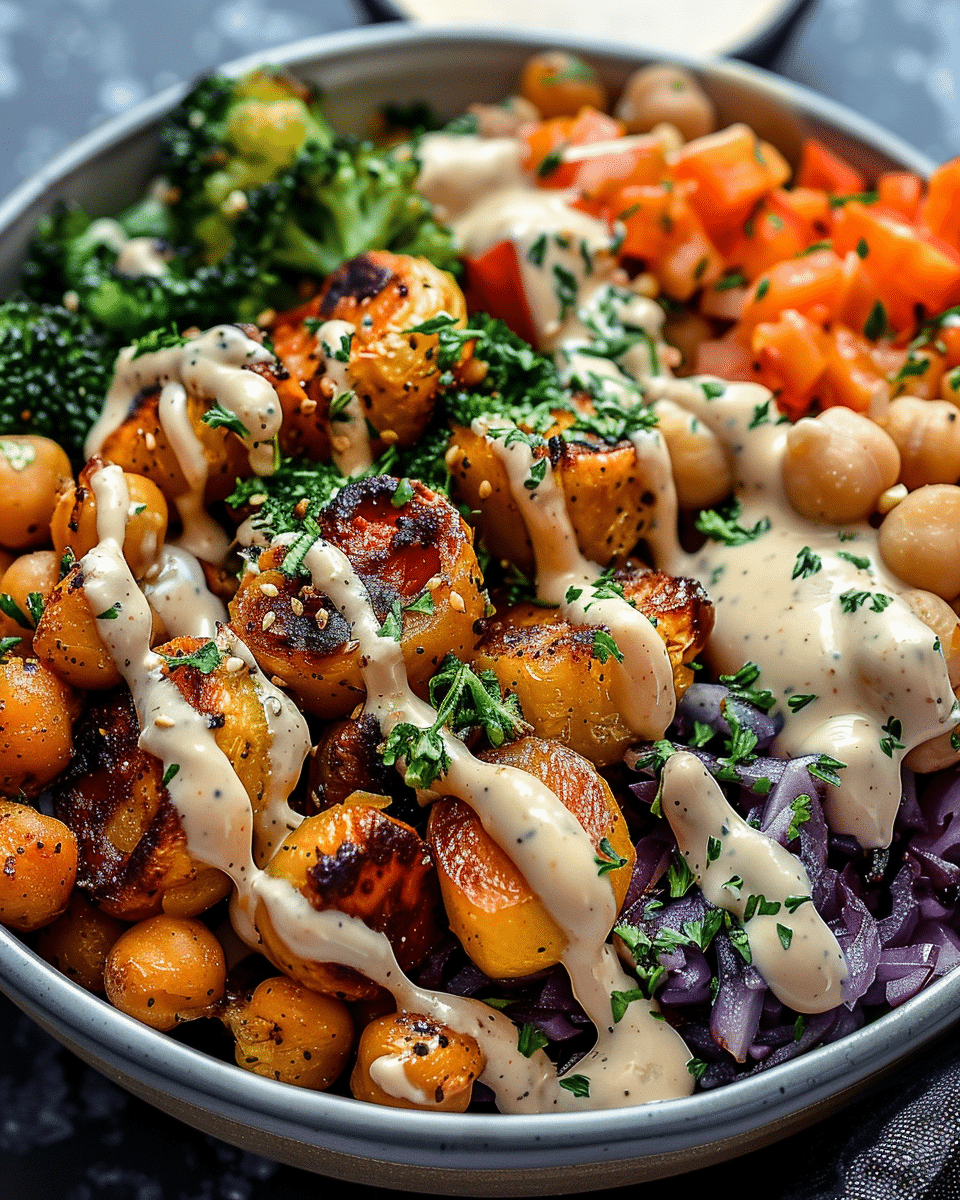 Roasted Vegetable and Chickpea Bowl with Tahini Dressing