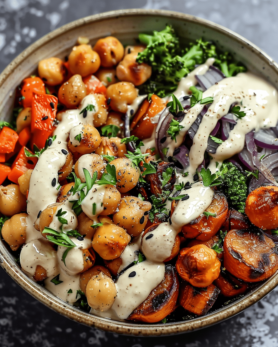 Roasted Vegetable and Chickpea Bowl with Tahini Dressing