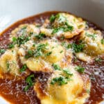 Roasted Red Pepper Soup with Ravioli