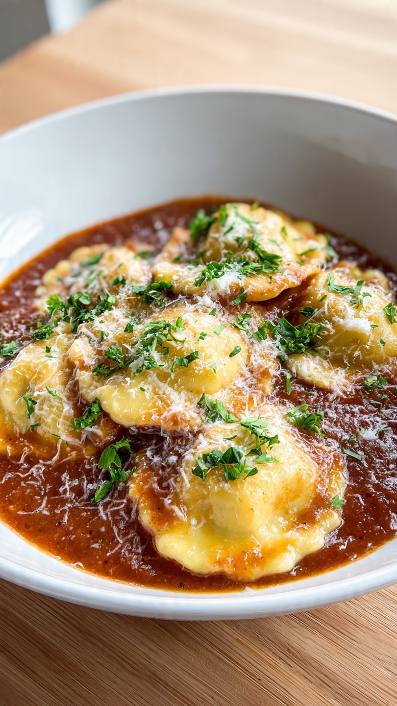 Roasted Red Pepper Soup with Ravioli