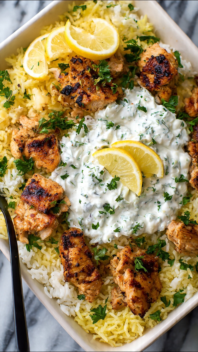 Mediterranean Chicken and Rice Bake with Tzatziki