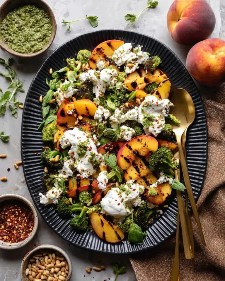 Roasted Peach Salad with Burrata & Pesto