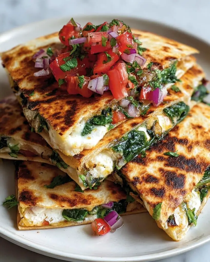 Mediterranean Quesadillas with Spinach, Feta, Mozzarella, and Red Onion