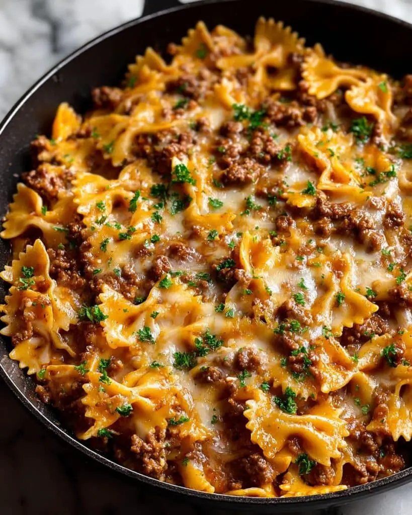 Garlic Butter Bowtie Pasta with Ground Beef Recipe