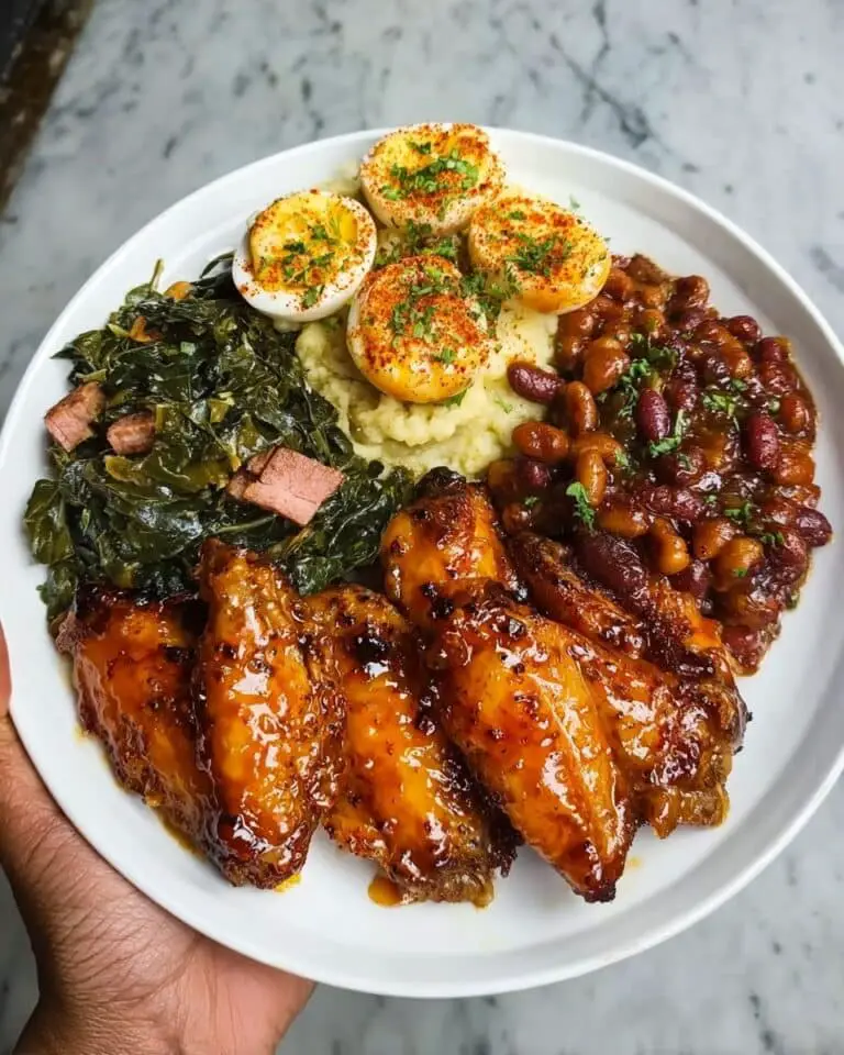 Southern Soul Food Plate with Honey-Glazed Wings, Potato Salad, Baked Beans & Collard Greens Recipe