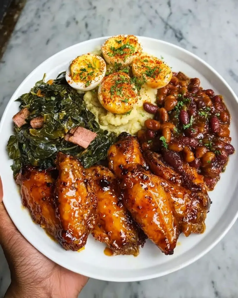 Southern Soul Food Plate with Honey-Glazed Wings, Potato Salad, Baked Beans & Collard Greens Recipe