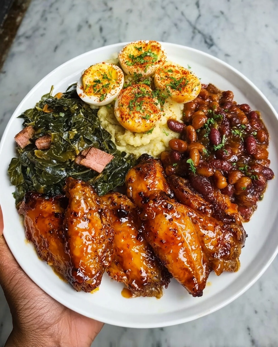 Southern Soul Food Plate with Honey-Glazed Wings, Potato Salad, Baked Beans & Collard Greens Recipe