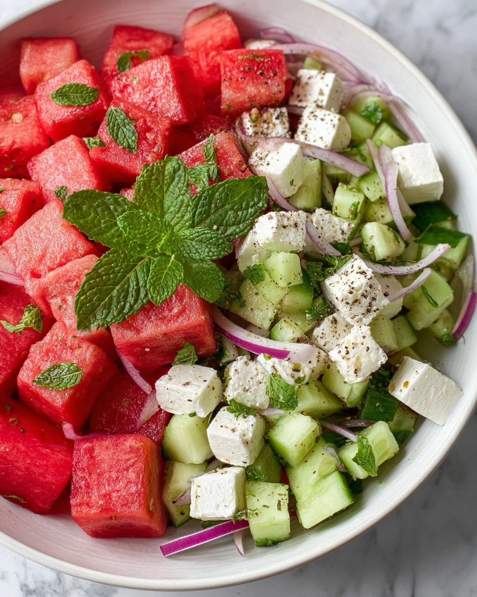 Watermelon Feta Salad with Fresh Herbs and Marinated Onions Recipe