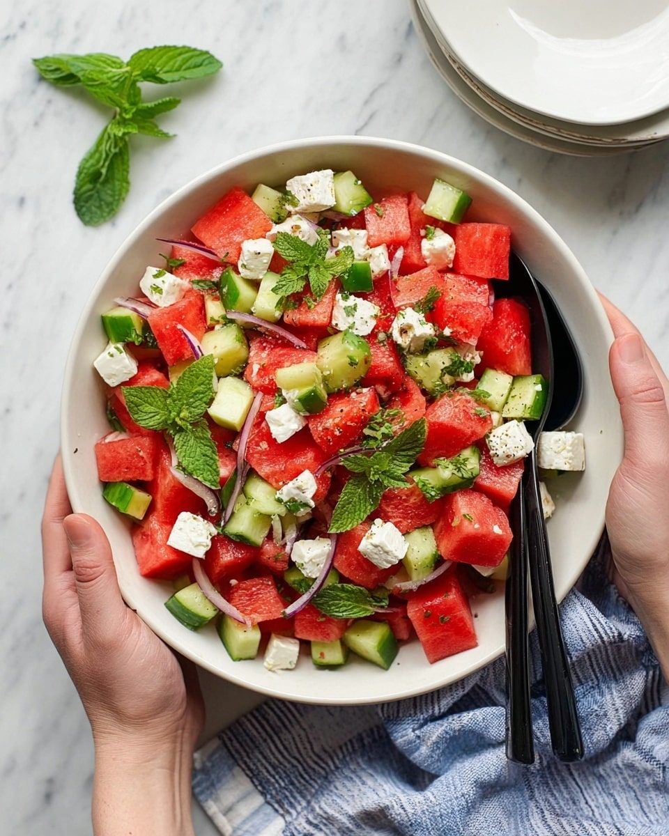Watermelon Feta Salad with Fresh Herbs and Marinated Onions Recipe