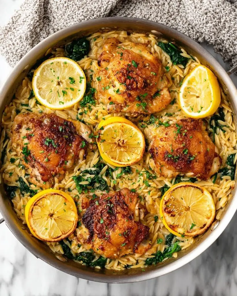 One Pan Lemon Garlic Chicken Thighs with Orzo Recipe