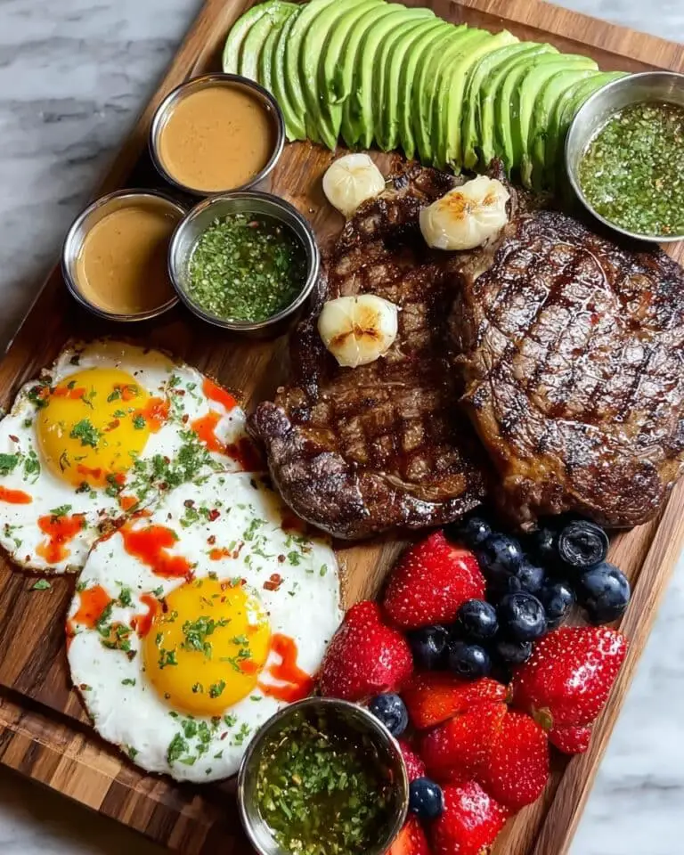 Steak and Eggs Board with Fruit, Avocado, Cowboy Butter, and Chimichurri Recipe