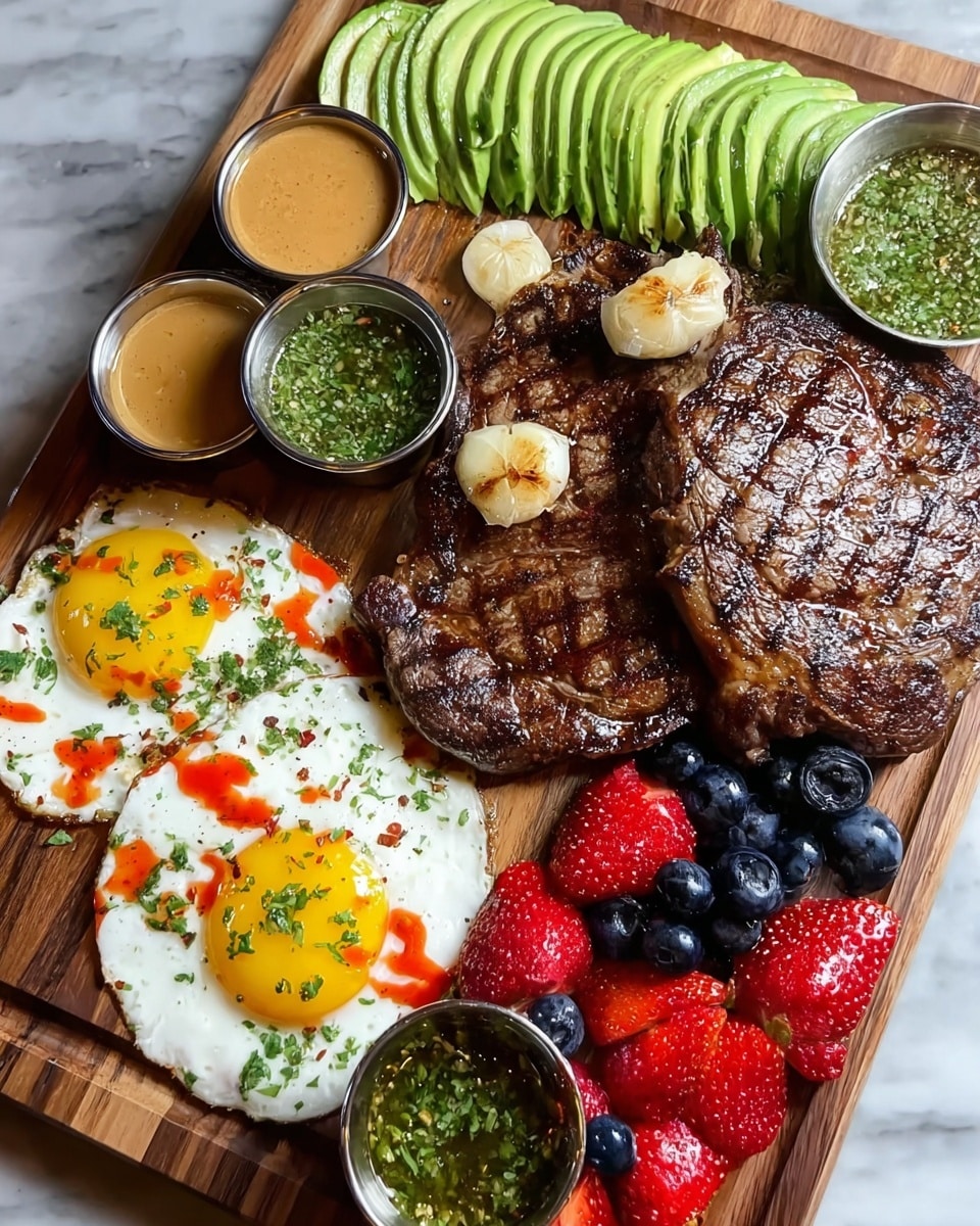 Steak and Eggs Board with Fruit, Avocado, Cowboy Butter, and Chimichurri Recipe