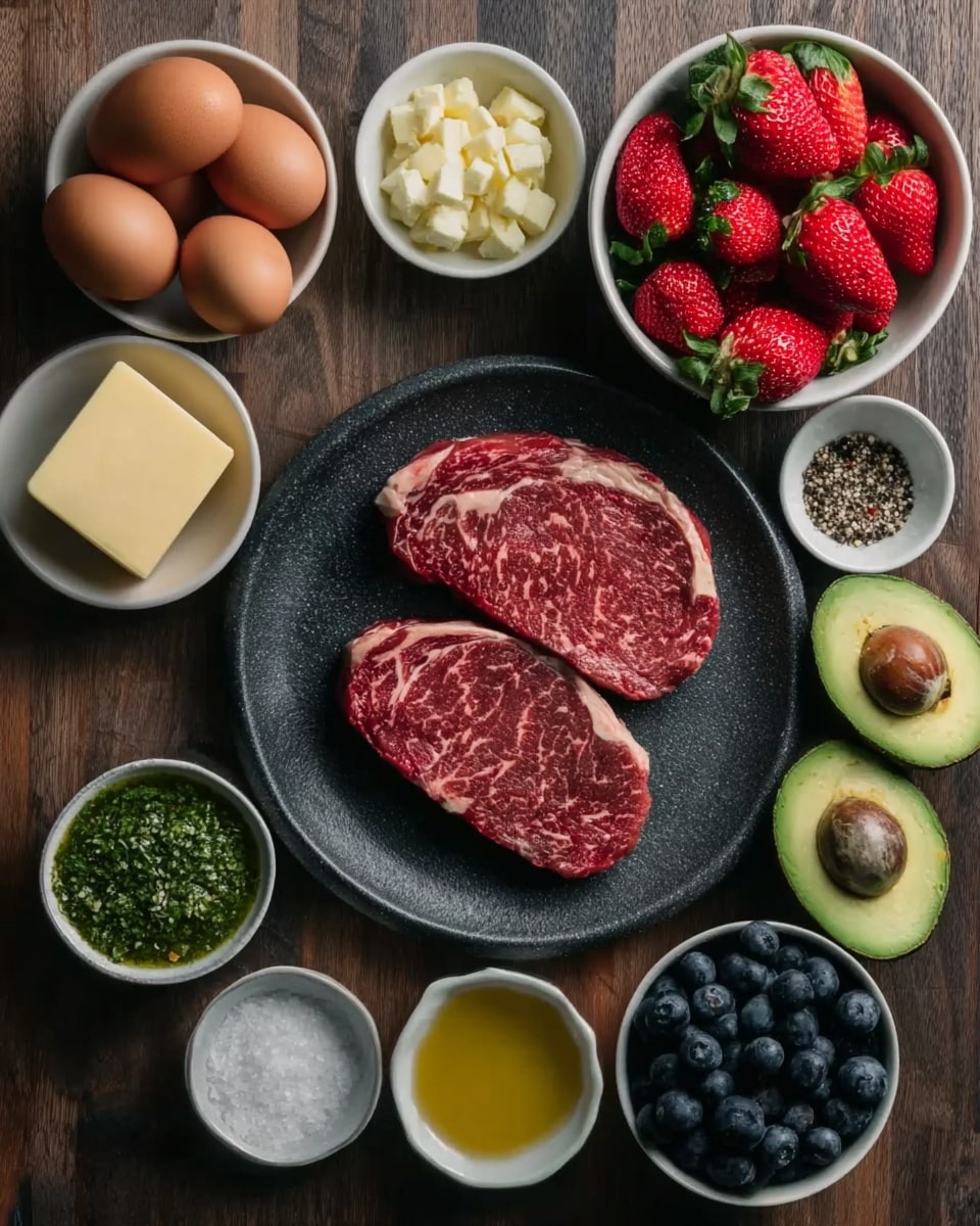 Steak and Eggs Board with Fruit, Avocado, Cowboy Butter, and Chimichurri Recipe
