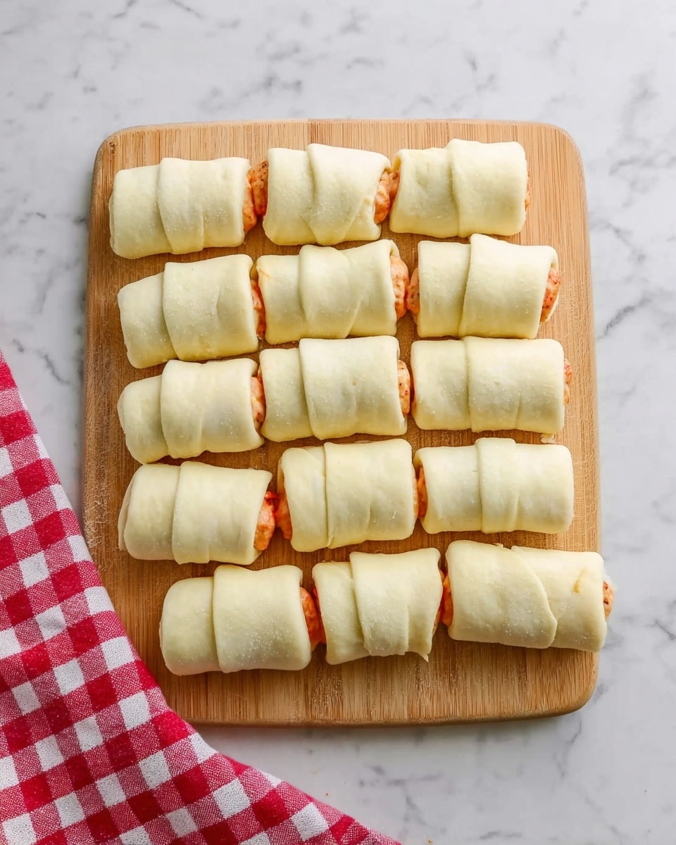 The image shows small sausage rolls arranged neatly on a light wooden cutting board placed on a white marbled surface. There are three rows of sausage rolls, each row containing about seven pieces. The sausage rolls have a pale yellow dough outer layer, with a few areas showing a soft orange filling peeking through at the ends. The dough looks soft and smooth with slight folds at the edges of each piece. A red and white checkered cloth is partially visible at the bottom left corner of the image. Photo taken with an iphone --ar 4:5 --v 7