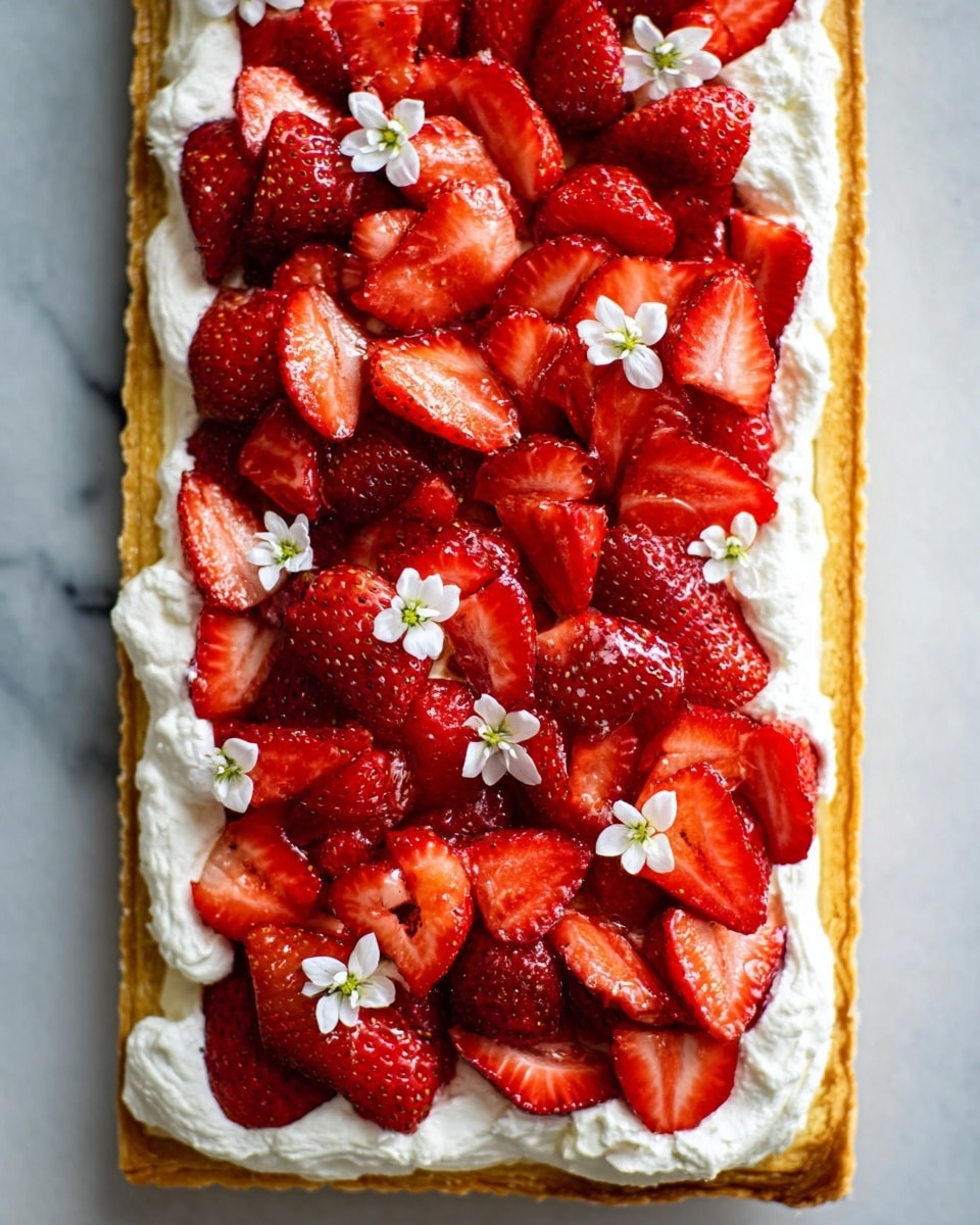 A large rectangular pastry with a golden, flaky crust forms the bottom layer, topped evenly with a thick, white whipped cream spread. On top of the cream, bright red sliced strawberries are closely arranged, covering the entire surface. Small white edible flowers are spaced out among the strawberries, adding delicate decoration. The pastry is sitting on a white marbled surface. photo taken with an iphone --ar 4:5 --v 7