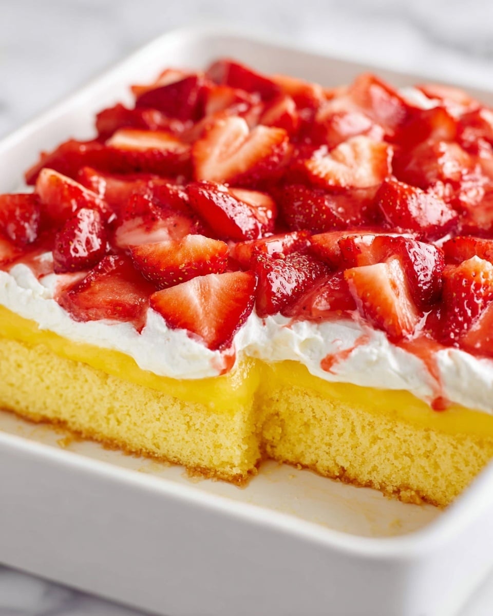The image shows a close-up of a three-layer dessert in a white dish on a white marbled surface. The bottom layer is a soft, yellow cake with a light and fluffy texture. Above the cake is a thick, bright yellow pudding layer that looks smooth and creamy. On top of the pudding is a white creamy layer, possibly whipped cream or frosting. The dessert is covered with a generous layer of fresh, bright red strawberry slices, evenly spread to fully cover the top. The strawberries have a glossy look and some white parts where they are cut, creating a fresh and juicy appearance. Photo taken with an iphone --ar 4:5 --v 7