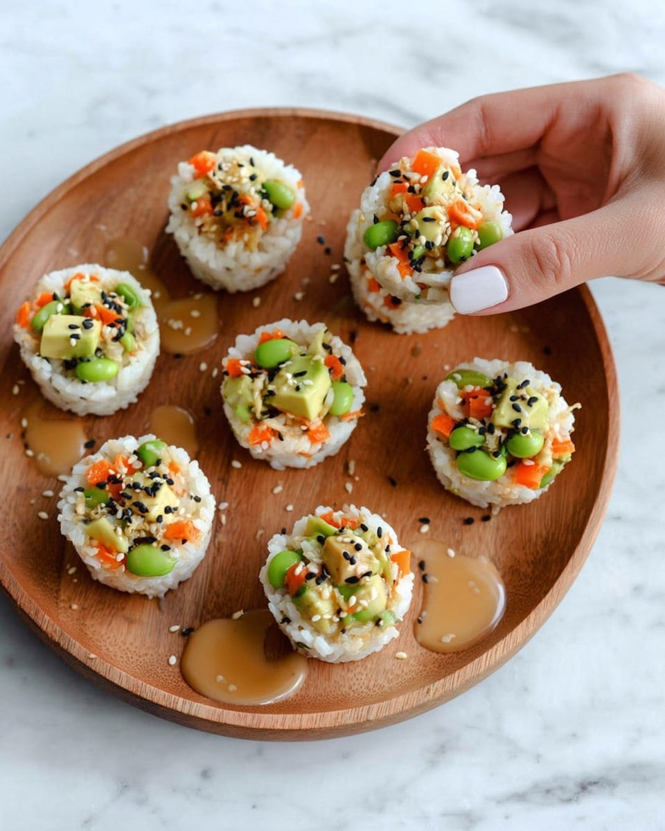 The image shows seven small round cups made of white rice placed on a round wooden tray. Each rice cup is filled with a colorful mix of bright green edamame, orange carrot pieces, and light green avocado chunks, sprinkled with black sesame seeds. A light brown sauce is drizzled in small pools on the wooden tray around the rice cups. A woman's hand with pale skin and light nail polish is picking up one of the rice cups from the bottom right part of the tray. The tray lies on a white marbled surface. photo taken with an iphone --ar 4:5 --v 7