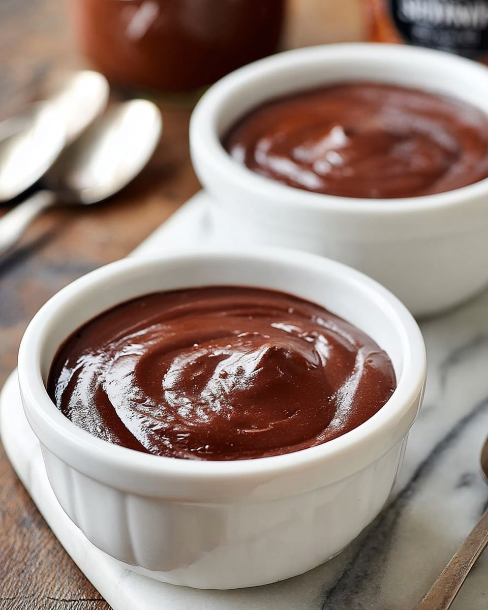 A close-up of two small white bowls sitting on a white marbled surface, each filled with smooth, thick, dark brown chocolate sauce that has a shiny and slightly swirled texture on top. The background includes blurred spoons and a brown jar, emphasizing the rich, creamy chocolate in the bowls. Photo taken with an iphone --ar 4:5 --v 7