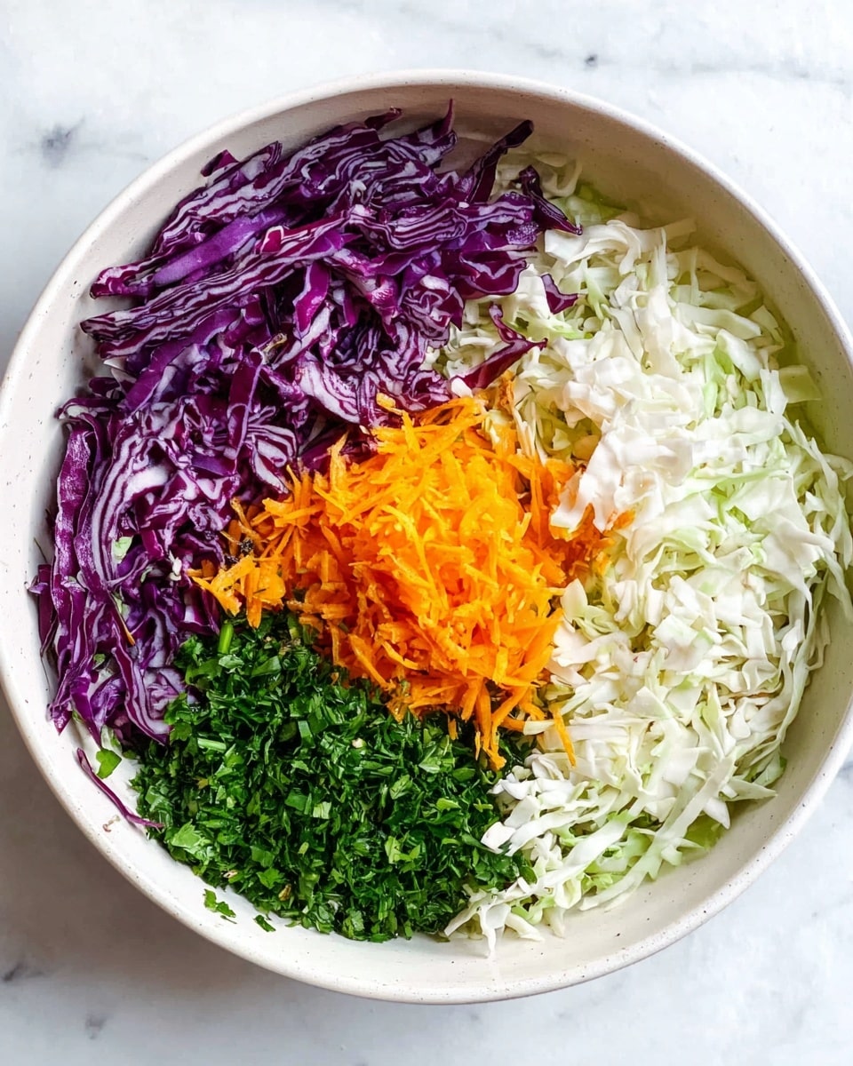 A white bowl sits on a white marbled surface, filled with four even sections of colorful shredded and chopped vegetables. One section has deep purple shredded cabbage with a wavy texture, next to it is finely shredded white cabbage with a soft, delicate look. Below the white cabbage is a pile of chopped fresh green herbs, showing a rough, leafy texture. At the center is a bright orange mound of grated carrot, soft and loosely piled. The colors contrast sharply against the white bowl and surface, creating a fresh and vibrant look. Photo taken with an iphone --ar 4:5 --v 7