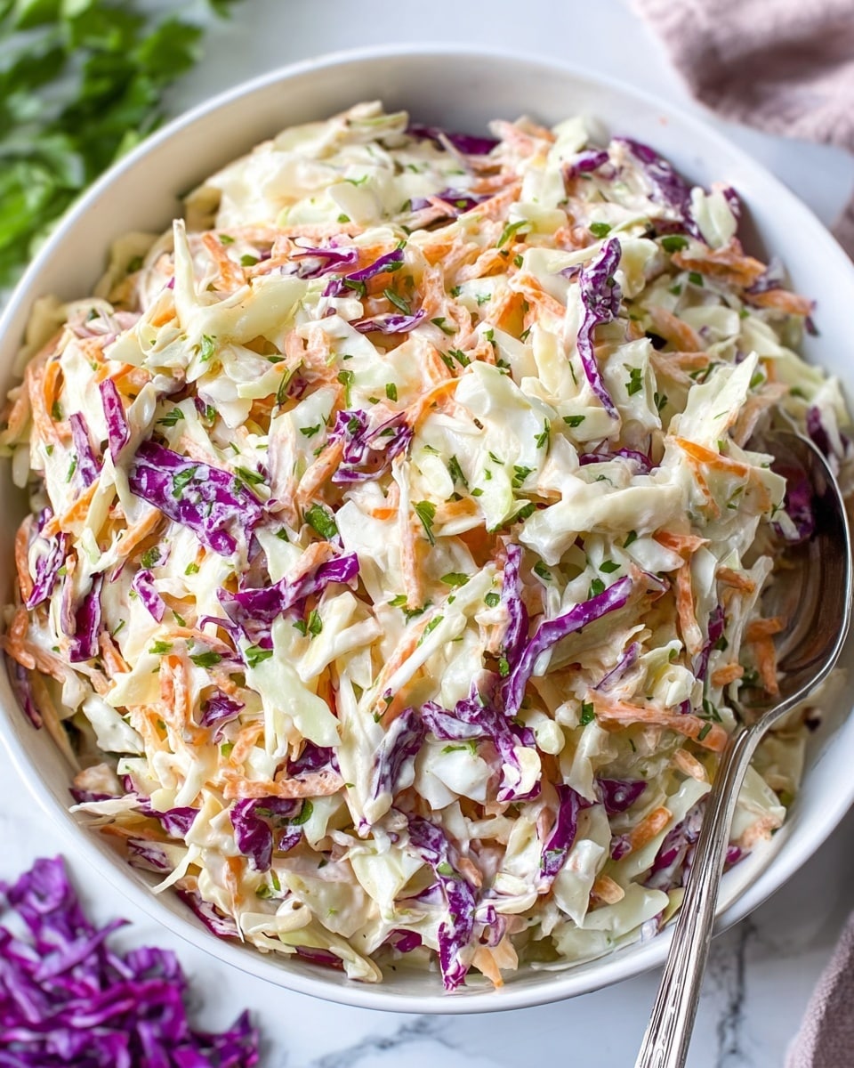 A close-up view of a white bowl filled with coleslaw, showing three main layers mixed together: shredded white cabbage with a creamy texture, thin strips of purple cabbage adding bright contrast, and fine orange carrots providing a soft texture and color. Green herbs are scattered throughout, adding small green specks on the creamy mix. A silver spoon is partly dipped into the bowl on the right side, resting over the coleslaw. The bowl is placed on a white marbled surface, with bits of parsley and halved purple cabbage visible around it. Photo taken with an iphone --ar 4:5 --v 7