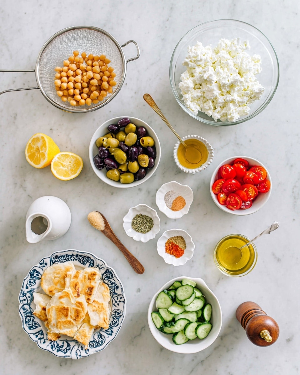 The image shows a top-down view of ingredients arranged on a white marbled surface. In the center-top, a clear glass bowl contains white cottage cheese with a lumpy texture. To the left, a silver strainer holds round, light brown chickpeas. Below the strainer, a white bowl is filled with green and black olives, some sliced. A small white pitcher next to the bowl contains bright red cherry tomatoes, halved. Two lemon halves with a yellow rind and juicy inside sit in the middle. A small white bowl holds light brown powder with a wooden spoon. Nearby, a white round container has a golden spoon with salt. Three small white scalloped dishes contain green dried herbs, bright orange-red spice powder, and salt. At the lower left, a white plate with blue decorative patterns holds several small, golden-brown flatbreads. A white bowl filled with green cucumber chunks is placed to the lower right. A clear glass bowl contains yellow olive oil. A brown wooden pepper grinder stands to the right. A woman’s hand is not visible in the scene. Photo taken with an iphone --ar 4:5 --v 7