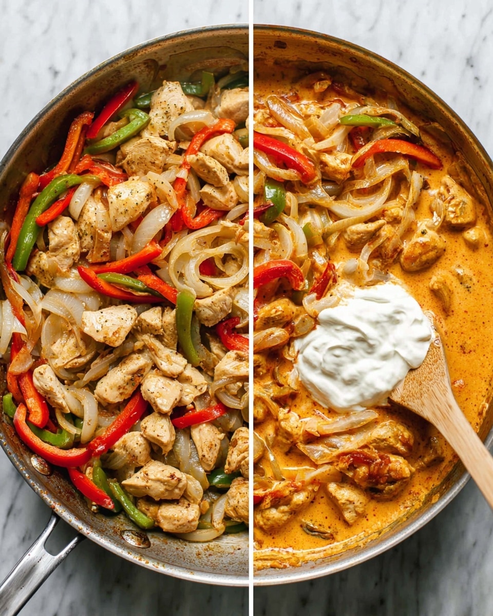 The image shows two views of a steel pan with cooked food on a white marbled surface. On the left side, the pan holds several layers: chunks of light golden brown cooked chicken, thin strips of cooked red and green bell peppers, and slightly translucent cooked white onions scattered evenly, with a slight char on some edges giving texture. On the right side, the same pan shows the same ingredients mixed in a creamy orange sauce that coats everything, topped with a dollop of white cream in the center. A wooden spoon is partially submerged in the sauce, blending the layers together. Photo taken with an iphone --ar 4:5 --v 7
