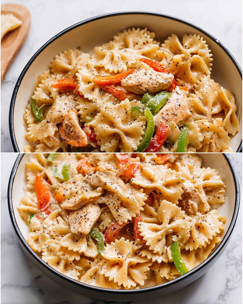 The image shows a creamy pasta dish with farfalle (bowtie) pasta as the main layer, giving a light beige color and slightly glossy texture. Mixed with the pasta are slices of green, orange, and red bell peppers scattered evenly throughout, adding bright pops of color. Pieces of light brown chicken are spread among the pasta and vegetables, coated in a creamy sauce that looks smooth and rich. The dish is served in a white bowl with a thin black rim, sitting on a surface with a white marbled texture. The pasta is lightly sprinkled with black pepper, adding small dark specks on top. Photo taken with an iphone --ar 4:5 --v 7