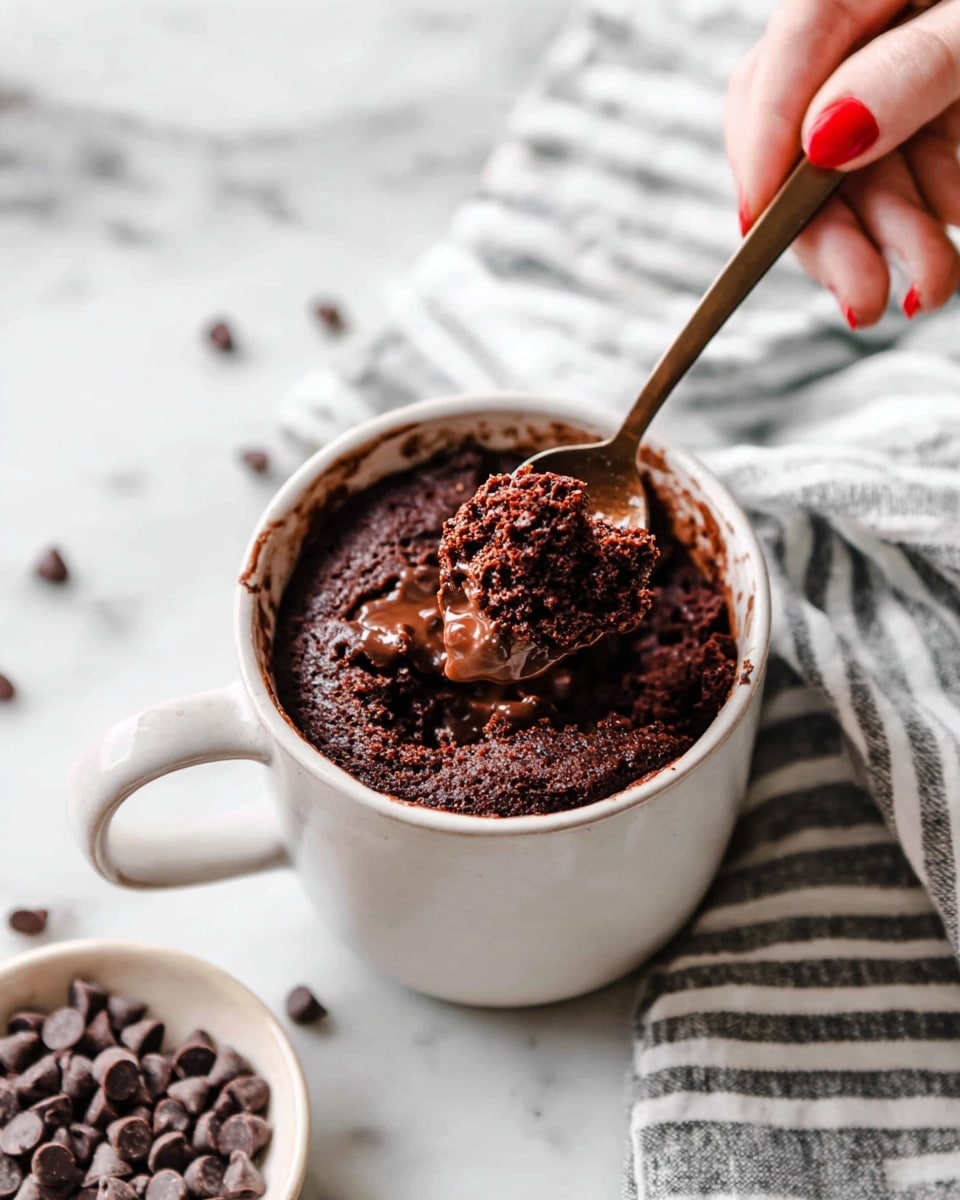 The image shows a white mug filled with a soft, crumbly chocolate cake that has a shiny, melted chocolate layer inside. A bronze spoon held by a woman's hand with red-painted nails is scooping a portion of the cake from the top, revealing the moist texture and melted chocolate beneath. The mug sits on a white marbled surface with a striped gray and white cloth nearby. At the bottom, there is a small white bowl filled with dark chocolate chips, some scattered on the surface around it. photo taken with an iphone --ar 4:5 --v 7