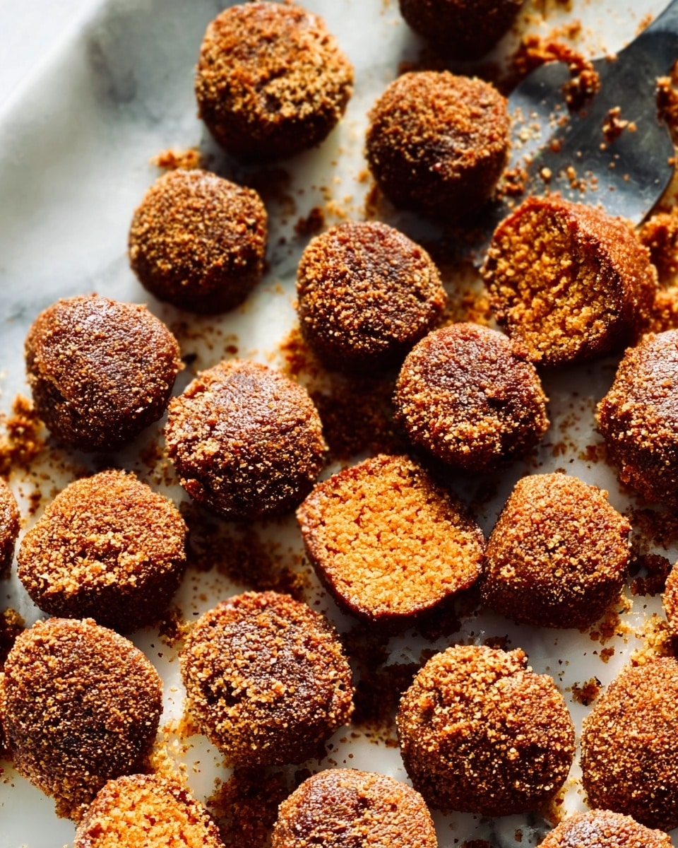 The image shows many small round snacks that are deep brown and covered with crumbs. They are placed closely together on a white marbled surface. Some pieces have been moved with a metal spatula with a wooden handle, showing the inside is a softer orange-brown color with a coarse texture. The outer crumb layer is rough and crunchy-looking, while the inside looks smooth and dense. The snacks are arranged in rows, filling most of the area in the image and light shines softly, highlighting the texture differences. photo taken with an iphone --ar 4:5 --v 7