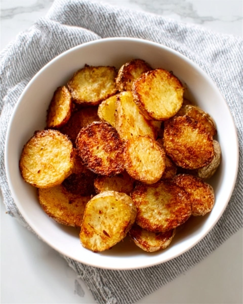 A white bowl filled with crispy, golden-brown sliced potatoes, each piece showing a crunchy texture with some darker edges from roasting or frying, arranged loosely inside the bowl. The bowl rests on a white marbled surface with a striped gray and white napkin partially visible to the side, adding a soft contrast to the warm colors of the potatoes. Photo taken with an iphone --ar 4:5 --v 7