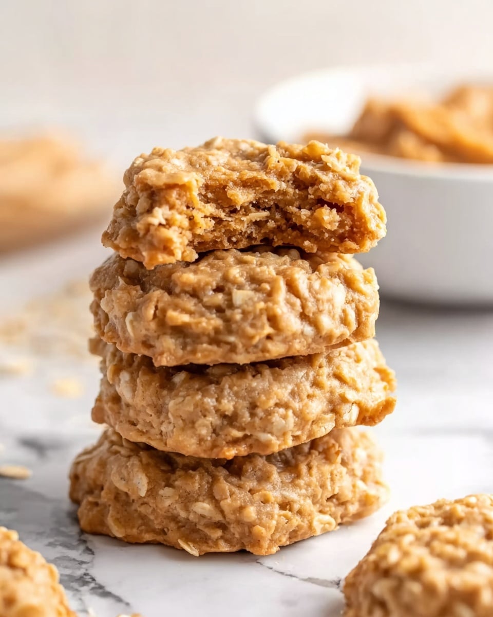 A stack of four oatmeal peanut butter cookies sits on a white marbled surface, each cookie thick and chunky with visible oats and a soft, chewy texture. The top cookie is broken in half, showing a dense, slightly crumbly interior that contrasts with the smoother, glossy outside of the other cookies. In the background, there is a white bowl partially filled with peanut butter, and a woman's hand is reaching towards the left side of the frame. The lighting is soft and natural, highlighting the warm golden brown color of the cookies. photo taken with an iphone --ar 4:5 --v 7