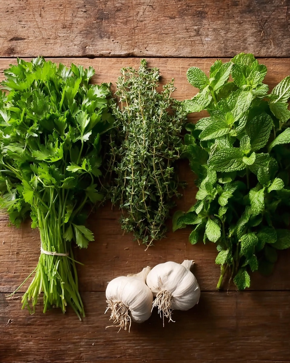 The image shows three bunches of fresh green herbs laid out horizontally on top of a wooden surface: parsley on the left side with bright green, flat leaves; oregano in the middle with small, darker green oval leaves attached to thin stems; and mint on the right side with vibrant green, textured leaves and visible veins. Below the herbs, two bulbs of garlic with white papery skin and roots attached rest on the wooden surface. The overall look is fresh and natural, with no plates or bowls pictured photo taken with an iphone --ar 4:5 --v 7
